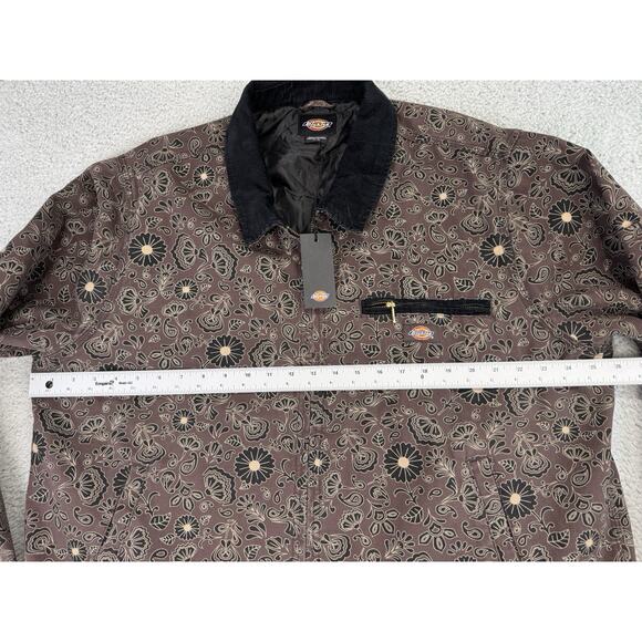 DICKIES Ellis Floral Print Duck Brown Canvas Mens XL Jacket Corduroy Collar - Picture 9 of 16